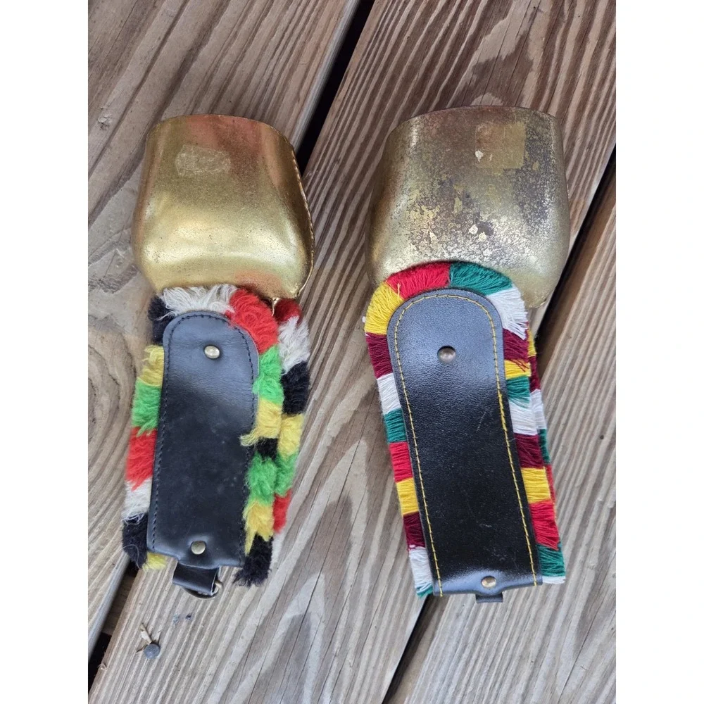 Vintage Decorative Lot Of 2 Swiss Golden‎ Cowbells With Colorful Straps